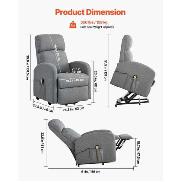 Elastisk elektrisk stol (recliner) - DUOKU - SX-81742 - Høj densitet skum - Læneposition -45° til 150° - Lys grå Ljusgrått