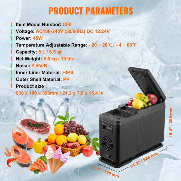 Bilrefrigerator - DUOKU - Model CF8 - 8 L - Temperatur -20 til 20 ℃ - Elektrisk