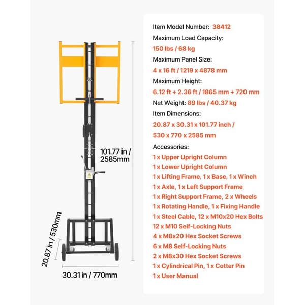 Gipsplattelyft - DUOKU - Modell 38412 - Maximal belastning 68 kg - Justerbar höjd - Stål Q235B