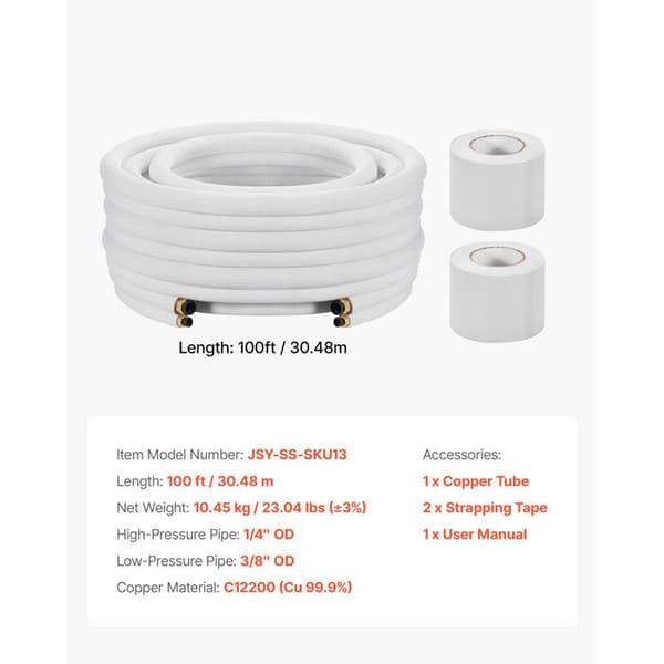 Kopparrör - DUOKU - Mini-split - Diameter 6,4 mm och 9,5 mm - Längd 30,5 m - Isolering PE