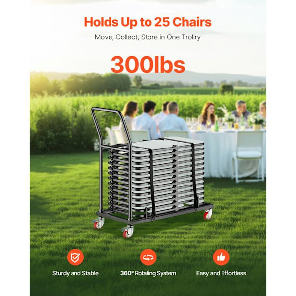 Support til foldestol - Duoku - L-formet stolvogn til 25 stole - Robust metalopbevaringsvogn - Mat sort