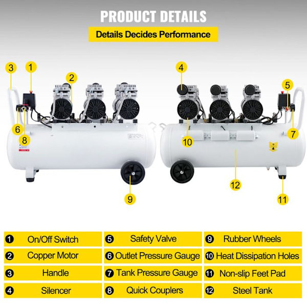 Luftkompressor - DUOKU - KYJ-5244 - 100 L - Ultra-tyst - Säkerhetsventil Vit