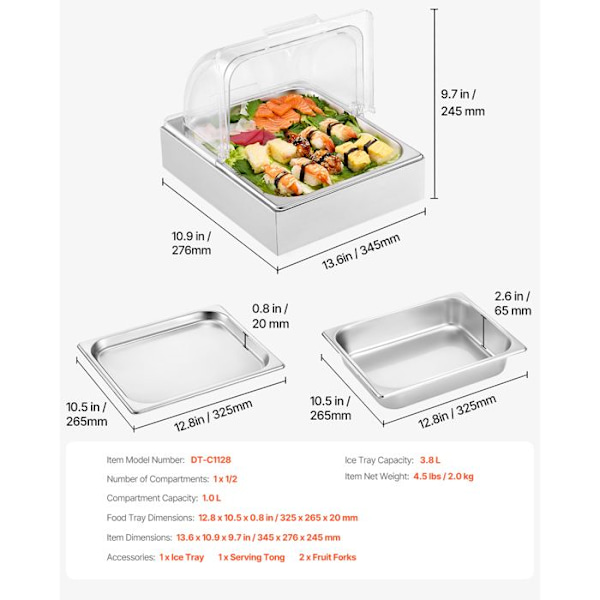Buffet Service Container - DUOKU - DT-C1128 - Rustfrit Stål - Transparent Låg - 3 Isbakker