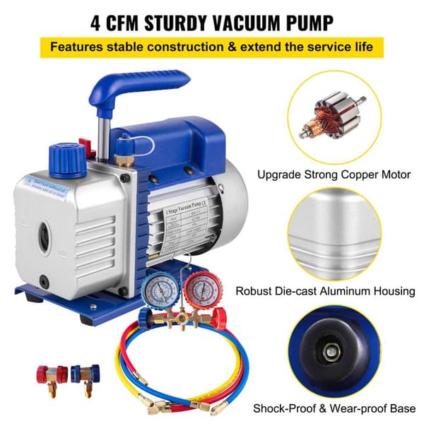 Vakuumpumpe - DUOKU - 4CFM - 1/4 HP - Luftstrøm 113 L/min - Manometer Kit R134a