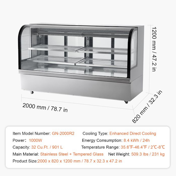 Køleskabsvitrine - DUOKU - GN-2000R2 - 32 Cu.Ft. - 4 Hylder - Rustfrit Stål
