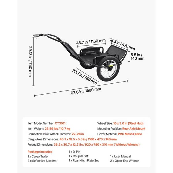 Cargo Trailer til Cykel-Duoku-Foldbart Model, Belastning Kapacitet Op til 145 kg, Designet med en Solid Ramme i Kulstofstål