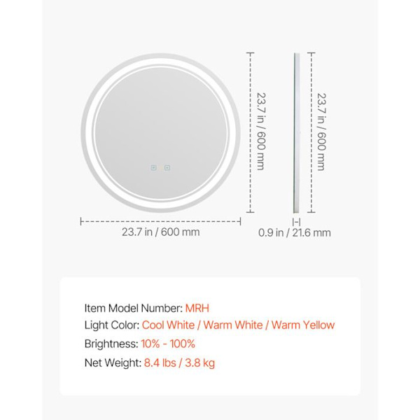 Badrumsspegel - DUOKU - 60 cm - LED - Antibakteriell - Väggmontering