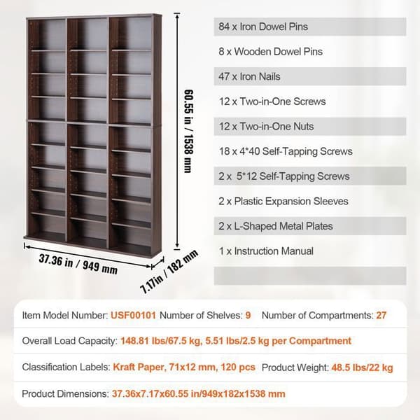 Multimedia Opbevaringsmøbel - DUOKU - Justerbar DVD Hylde - 9 Niveauer - 27 Rum - Espresso espresso