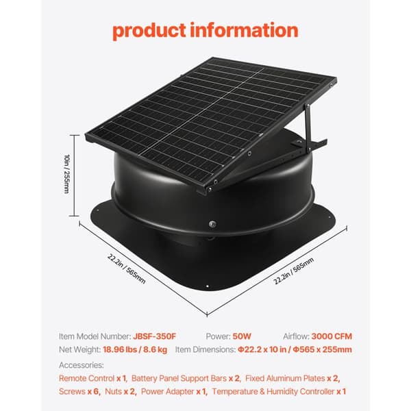 Solventilator - DUOKU - JBSF-350F - 50 W - Luftstrøm 3000 CFM - Intelligent Termostat Svart
