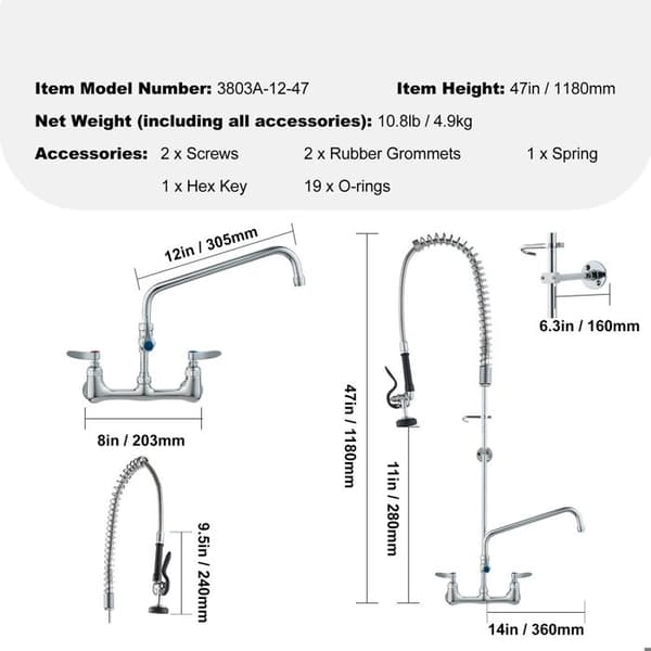 Kökskran - DUOKU - Modell 3803A - Höjd 47'' - Svängbar näsa 12'' - Väggmonterad