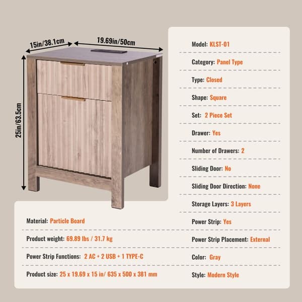 Side Table - DUOKU - Set of 2 - Square - USB Ports - Storage Cabinet Grå