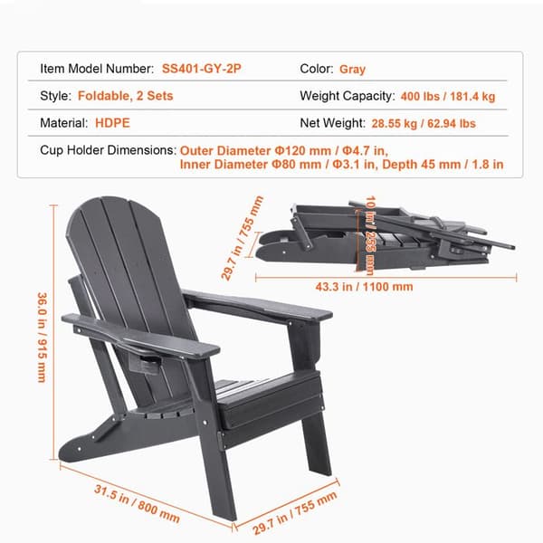 Adirondack stole - DUOKU - Sæt af 2 - Sammenklappelig - HDPE - Kopholder - Grå Grå