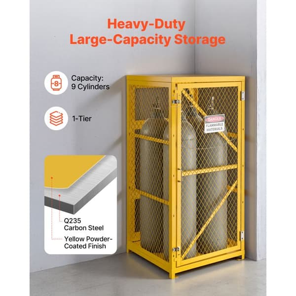 Vertikal Skåp-Duoku för Gasflaskor, 787x762x1650 mm, Säkerhetsbur för Lagring av 9 Flaskor, Gul