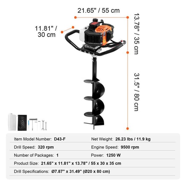 Benzinbor-Duoku-43 CC-1 250 W-8 tommer bor-Orange og Sort-Effektiv Haveassistent-Til Planter