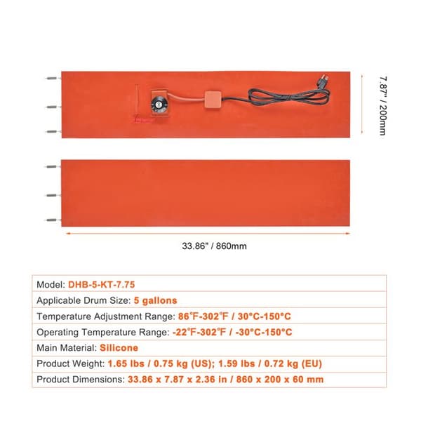 Fustvarmer - DUOKU - DHB-5-KT-7.75 - 800 W - Justerbar 86 til 302 ℉ - Silikone