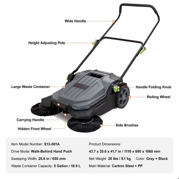 Manuell sopmaskin - DUOKU - S13-001A - 650 mm - Behållare 18,9 L - Stål/PP
