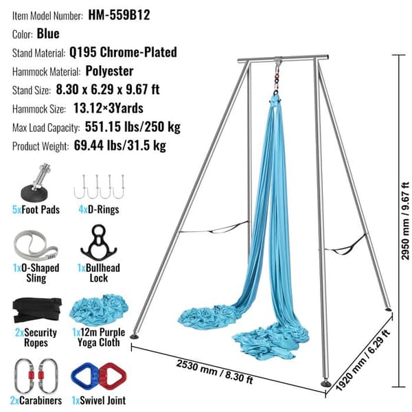 Luftens Yogahammock - DUOKU - Professionellt stöd 2,95 m - Polyester - 250 kg - Blå blå