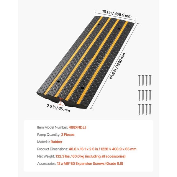 Gummitrottoarrampa-Duoku-Höjd 65 mm-Set med 3 halkfria ramper med gula reflekterande band