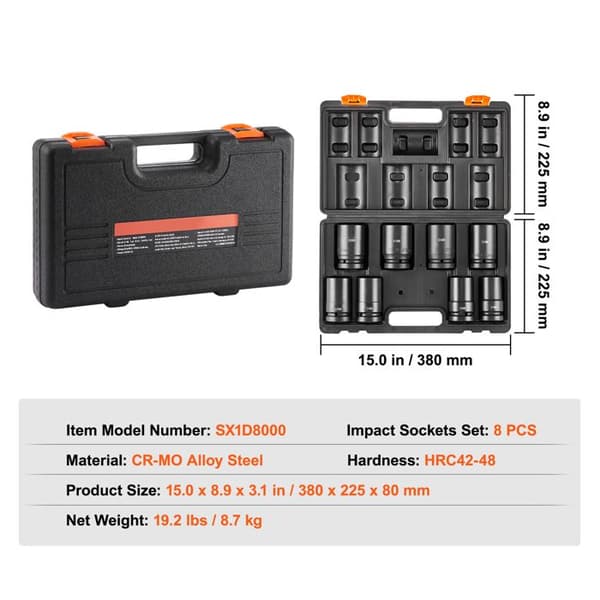 "Impact Socket Set-Duoku-1" 8 Metric Deep Sockets 27-41 mm-Cr-Mo Alloy Steel with 6 Points-Durable Construction"