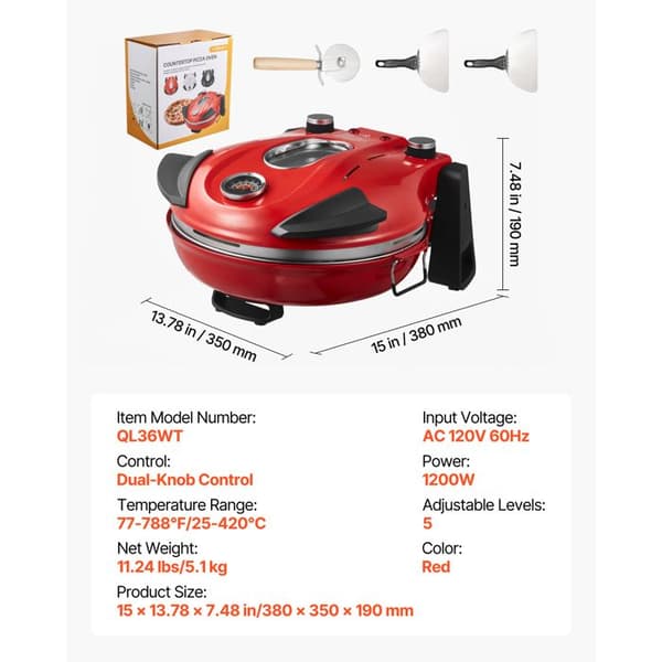 Pizzaugn - DUOKU - Modell QL36WT - 1200 W - 5 Temperaturinställningar - Röd Röd