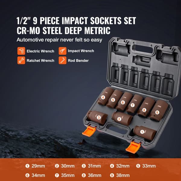 Chock Socket Set-Duoku-1/2" 9 Stykker-29-38 mm Metrisk-Legert Stål Cr-Mo-til Bilreparation-Robust