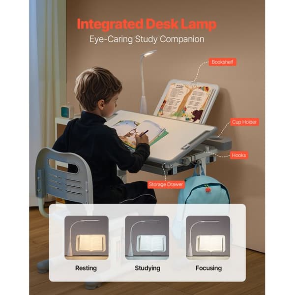 Sæt med justerbart bord og stol til børn - Duoku - med lampe - ideelt til værelser og kontorer - grå