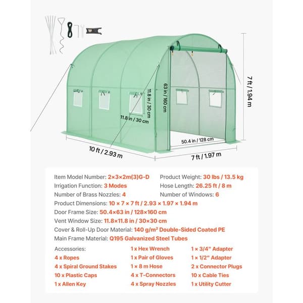 Tunnel drivhus - DUOKU - 2×3×2m(3)GD - 2,93×1,97×1,94 m - Vanding 3 tilstande - 4 messingdyser Grön