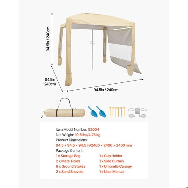 Strandtält 2,4 x 2,4 m - Duoku - Skydd med Sidoväggar och Sandfickor, Bärbart Tält för Utomhus Camping, Kaki