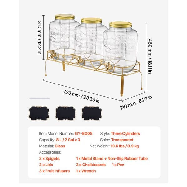 Drikkevaredispenser - DUOKU - 8 L - 3 stk - Glas karaffel - Metal stativ Transparent