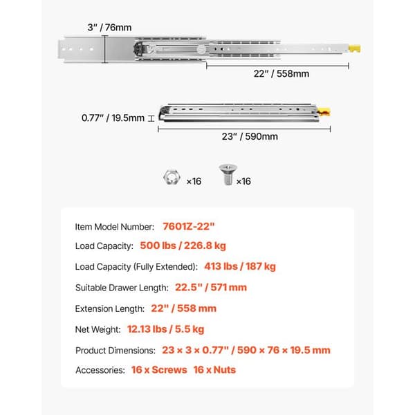 Full Extension Drawer Slide-Duoku-558 mm-Locking Slide-1 Pair-Load Capacity 226,8 kg-Side Rail