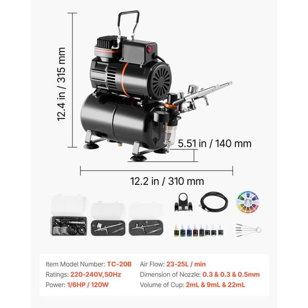 Luftborstkit med 1/6 HP Luftkompressor och Reservoar - Duoku - Professionell dubbeldriftskompressor utrustad med 3 pistol.
