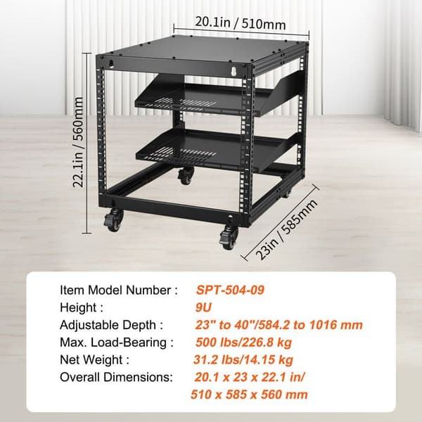 Öppen ram serverrack - DUOKU - SPT-504-09 - 9U - Justerbart djup 23–40" - Fristående/väggmonterad