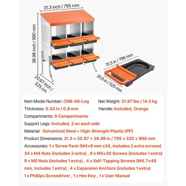 Hönshus (6 fack) - DUOKU - CNB-06-Leg - Galvaniserat stål & plast PP - 79,5×52,5×99 cm - Stödben ingår