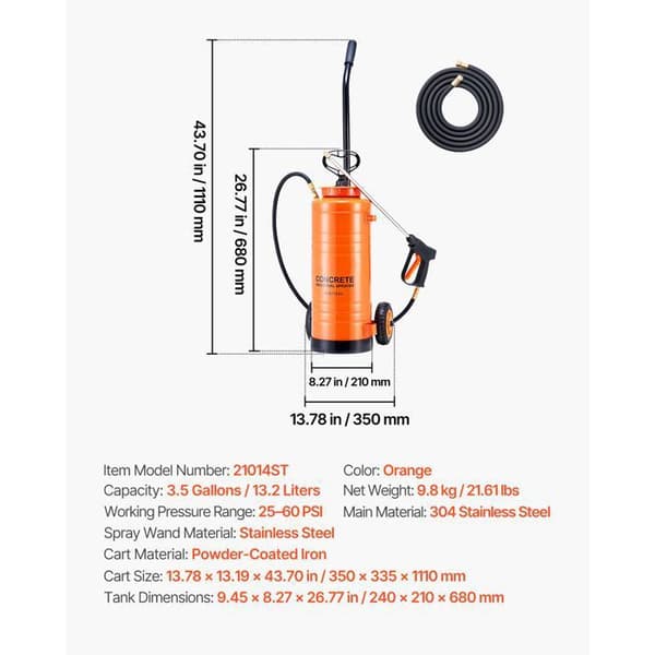 Sprøjte - DUOKU - Rustfrit Stål - Kapacitet 13,2 L - Tryk 25-60 PSI - Lance 52 cm Apelsin