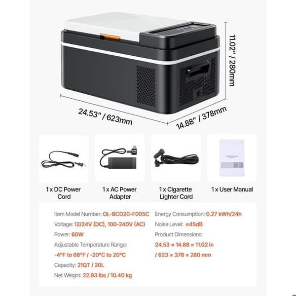 Kylbox med kompression 20 L-Duoku-Appkontroll-Portabel kylskåp 12/24 V DC och 100-240 V AC