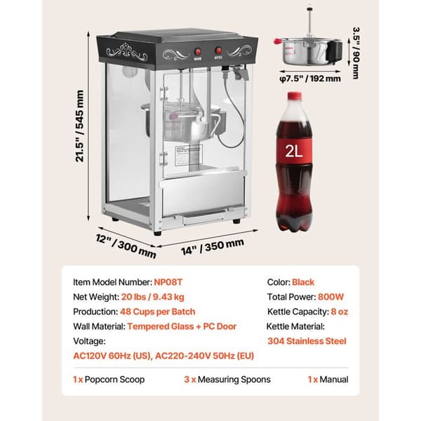 Popcornmaskine - DUOKU - NP08T - 800 W - Kapacitet 0,2 kg - 48 kopper pr. batch - Sort Svart