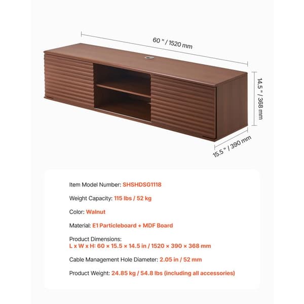 Væghængt TV-Møbel - DUOKU - 152 cm - Multimedie Console - 2 Niveauer - Valnød Valnöt
