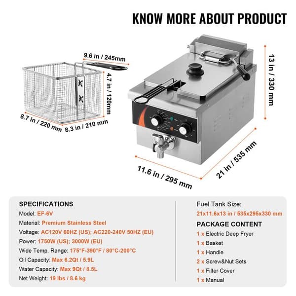 Elektrisk Frituregryde - DUOKU - Model EF-6V - 8,5 L - Rustfrit Stål - 3000 W