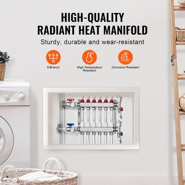 Samler til Radiant Varme - Duoku - 6 Grene - PEX Samler i Rustfrit Stål - Til Hydronisk Gulvvarme