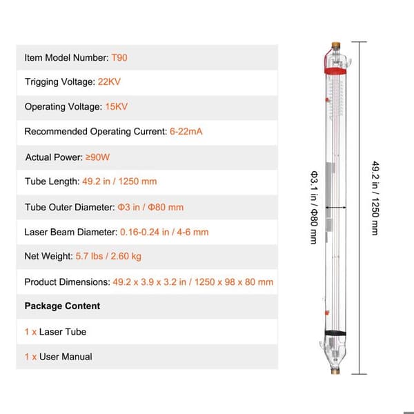Rør Laser CO2 - DUOKU - T90 - 90 W - Længde 1250 mm - Til Lasergraver
