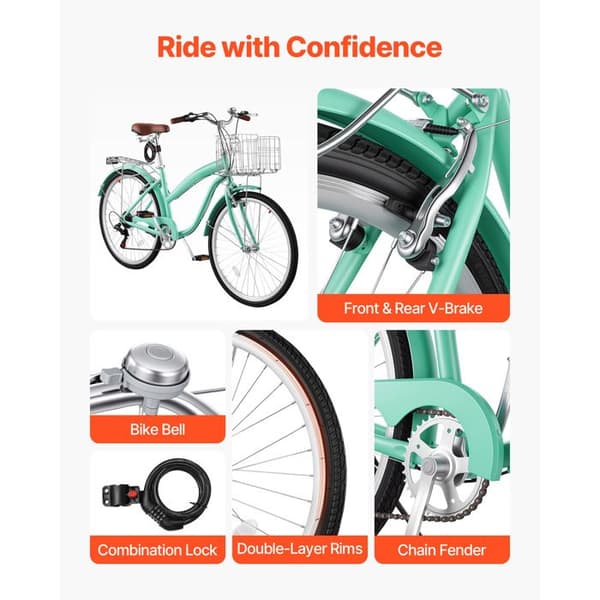 Bycykel til kvinder - Duoku - Urban model 66 cm med 7 gear, lys grøn farve, ideel til daglig transport.