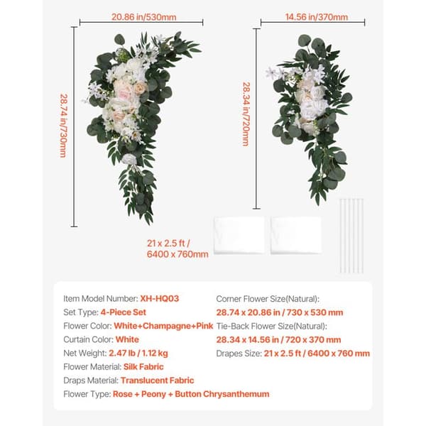 Kit af kunstige blomster - Duoku - til bryllupsbue - kit af hvide blomster til bryllupsbue med gardiner (sæt af 4)
