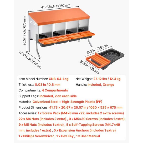 Hönshus - DUOKU - CNB-04-Leg - 4 fack - Galvaniserat stål & PP - 106 x 52,5 x 67,5 cm