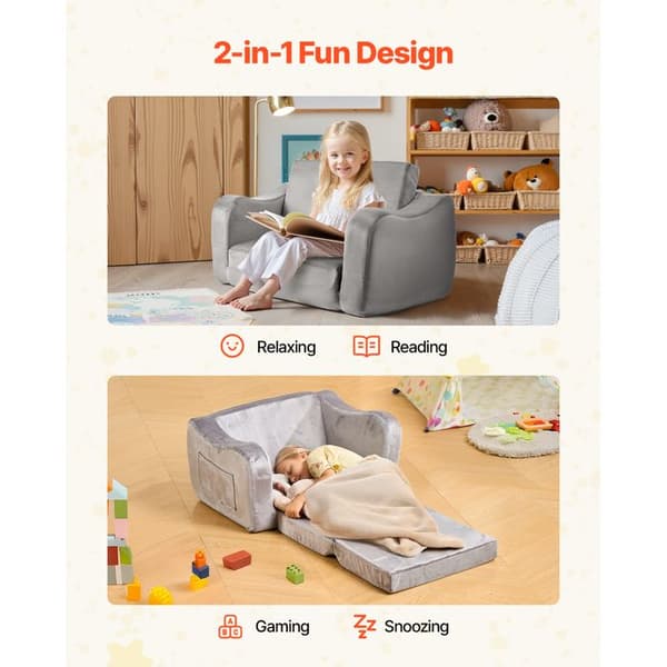 Barnsoffta 2-i-1-Duoku-Konvertibel till Långsoffa-Något 28D och Mjuk Tyg-Grå