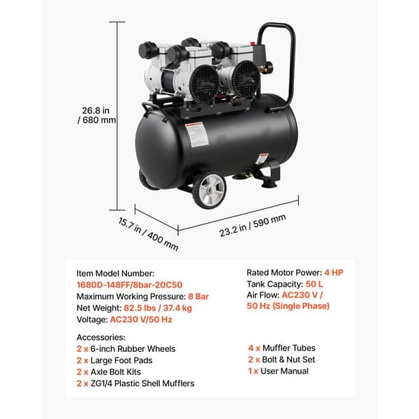 Luftkompressor 50 L-Duoku-med oliefri tank, 3 kW, ideel til bilreparation, dækopblæsning