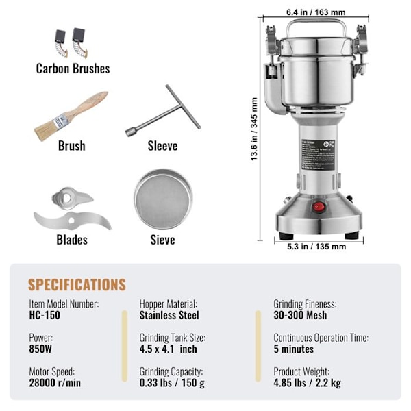 Kornmølle - DUOKU - HC-150 - 850W - Rustfrit Stål - 150 g