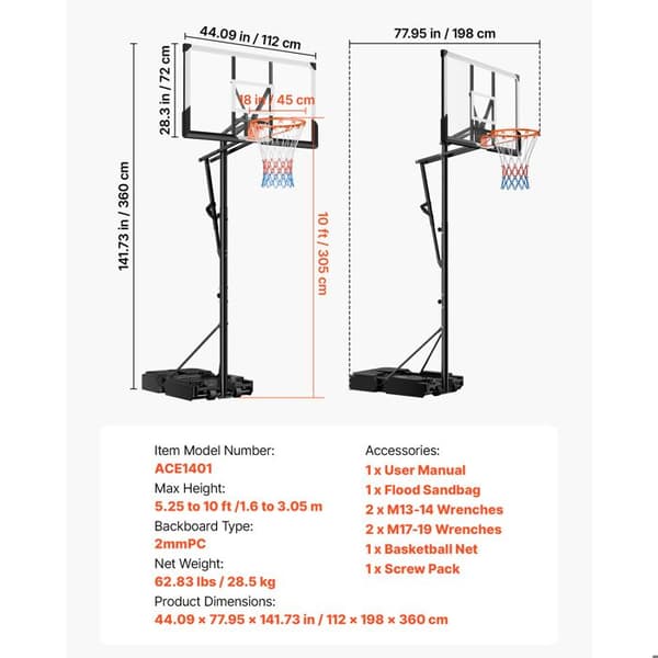 Basketbollställning med hjul, justerbar höjd från 1,6 till 3,05 m, ring-system, nät och panel i PC.