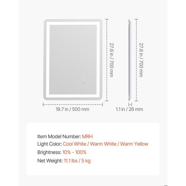 Badrumsspegel - DUOKU - 50 x 70 cm - LED-belysning - Antifog - 3 Färgtemperaturer