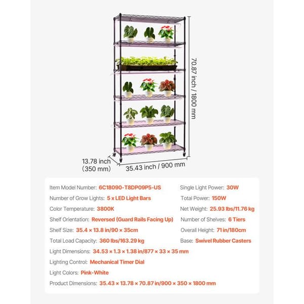 Inomhusväxtstöd - DUOKU - 6C18090-T8DP09P5-EU - 6 nivåer - 5 LED-stänger (150W) - Hjul, timer Vit ros