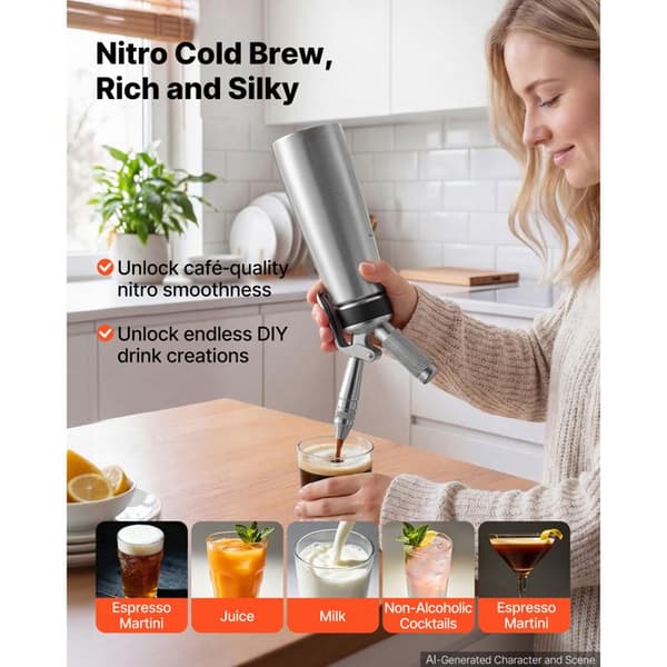 Siphon Nitro 0,5 L Bærbar Nitro Kaffemaskine - Duoku - Uden Nitrogenpatron, Ideel til Te, Hjemmelavet Juice og Camping, med Dyse